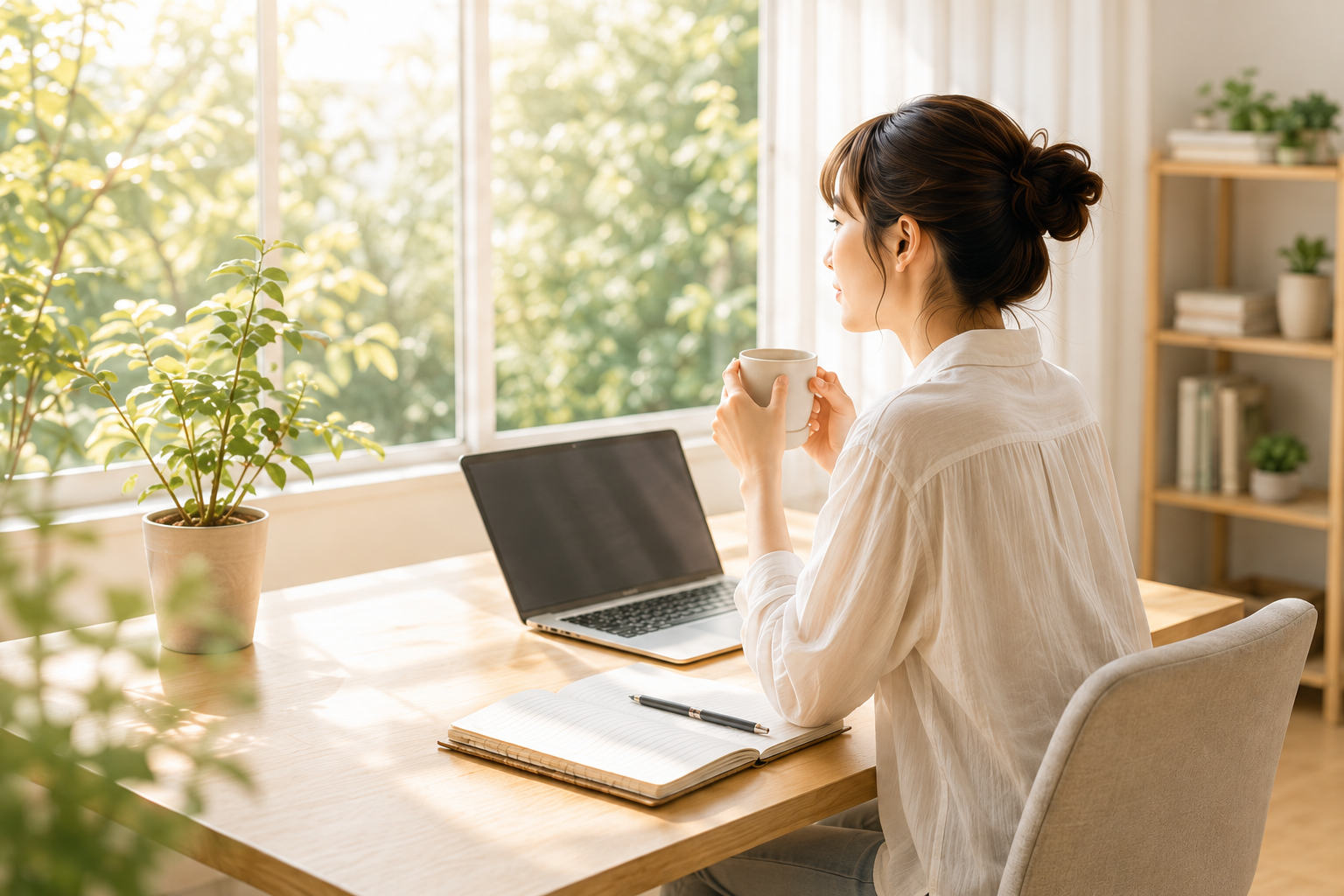 朝の自然光が入る室内で、ノートPCの前に座る女性
