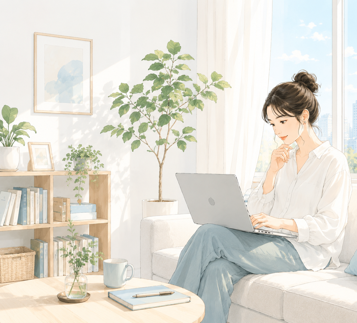 自然光の入る部屋でノートPCを使う女性